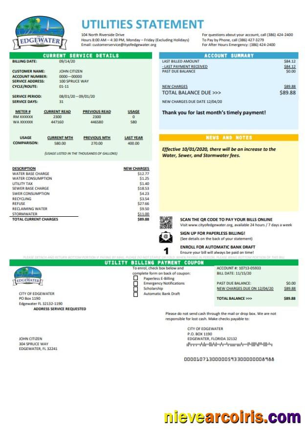 USA Florida City of Edgewater utility bill